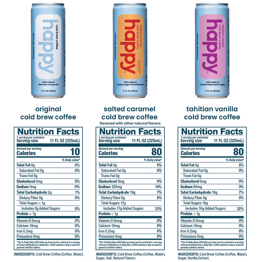 Three cans of 'happy' cold brew coffee with nutrition facts displayed below.