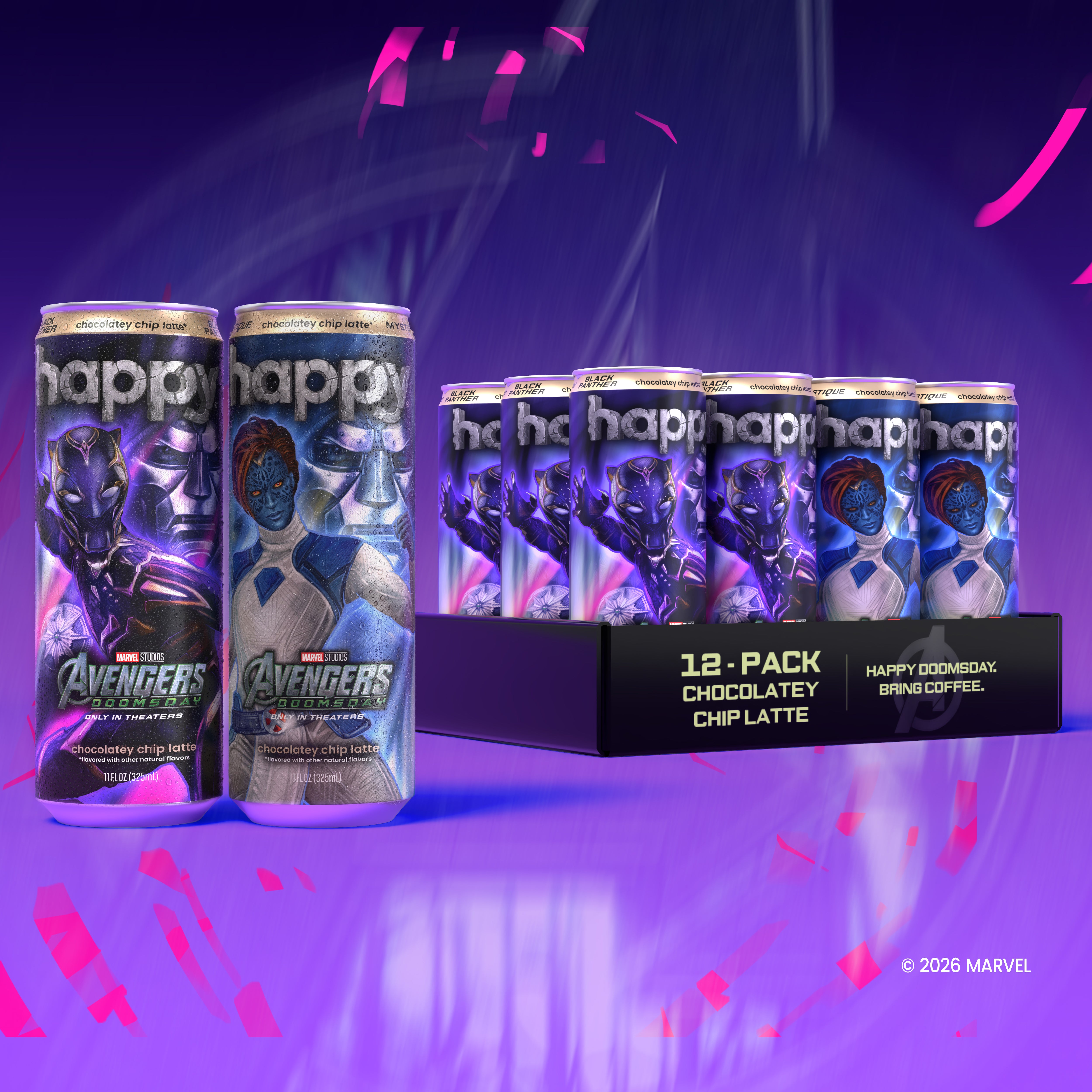 A set of Happy Coffee x Marvel Avengers-branded Chocolatey Chip Latte cans displayed on a black 12-pack tray against a purple and blue abstract background with pink accents.