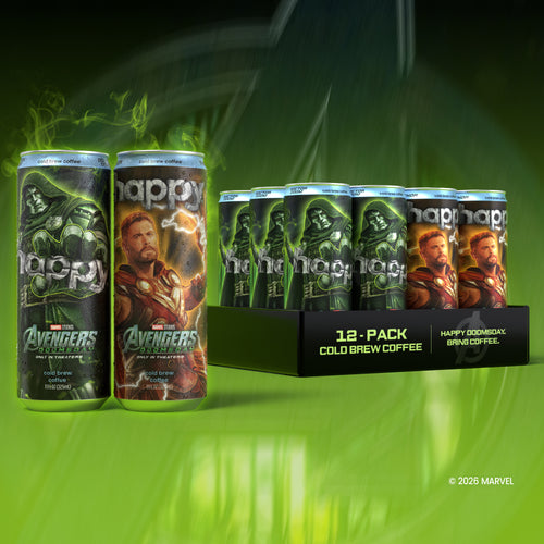 Happy x Marvel Avengers cold brew coffee cans displayed on a black 12-pack tray against a green graphic background. The cans feature character artwork including Doctor Doom and Thor