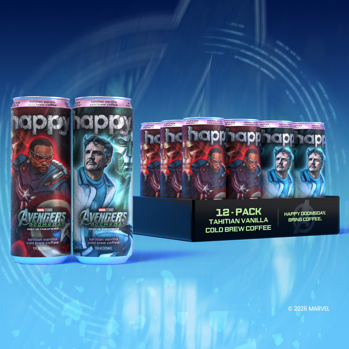 A 12-pack display of Happy Coffee Avengers Tahitian Vanila Cold Brew Coffee cans, featuring Captain America and Mister Fantastic on a blue digital background.