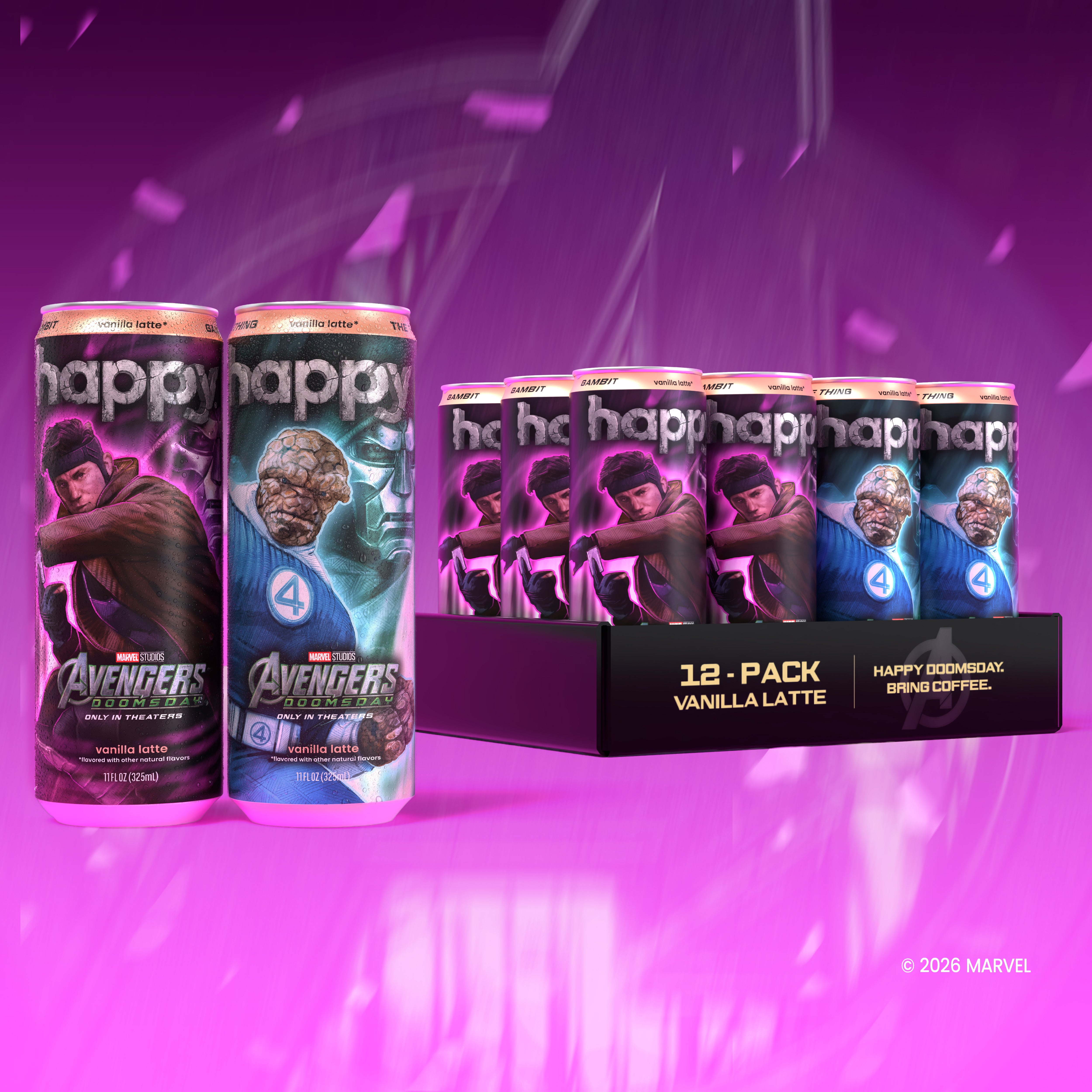Marvel Avengers x Happy Coffee 12-pack can lineup on a vibrant purple background. Two single cans are shown in the foreground with detailed character art of Gambit and The Thing.