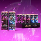 Marvel Avengers x Happy Coffee 12-pack can lineup on a vibrant purple background. Two single cans are shown in the foreground with detailed character art of Gambit and The Thing.