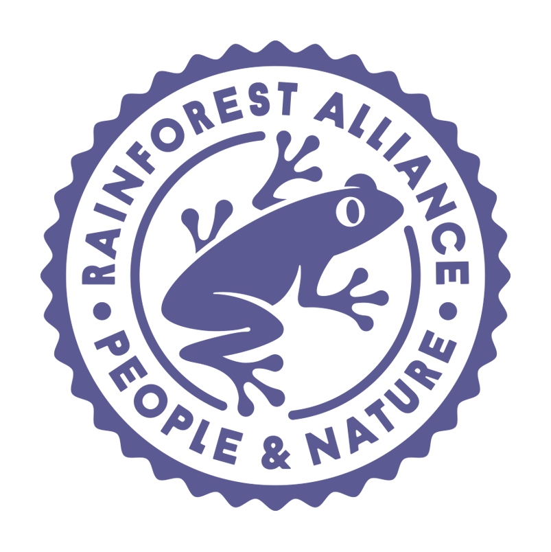 Logo of the Rainforest Alliance with a purple frog illustration on a white background