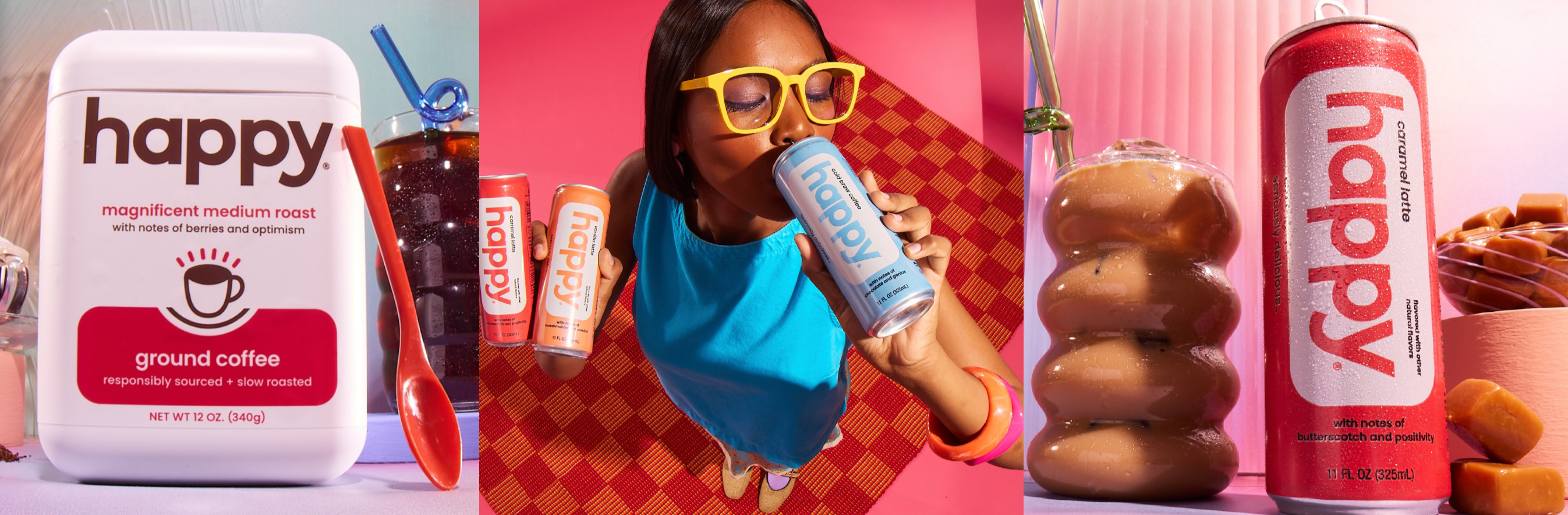 Collage of 'happy' coffee products including a container, a can, and a person drinking from a can.