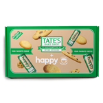 Tate's Bake Shop cookie box with happy coffee cans on a white background