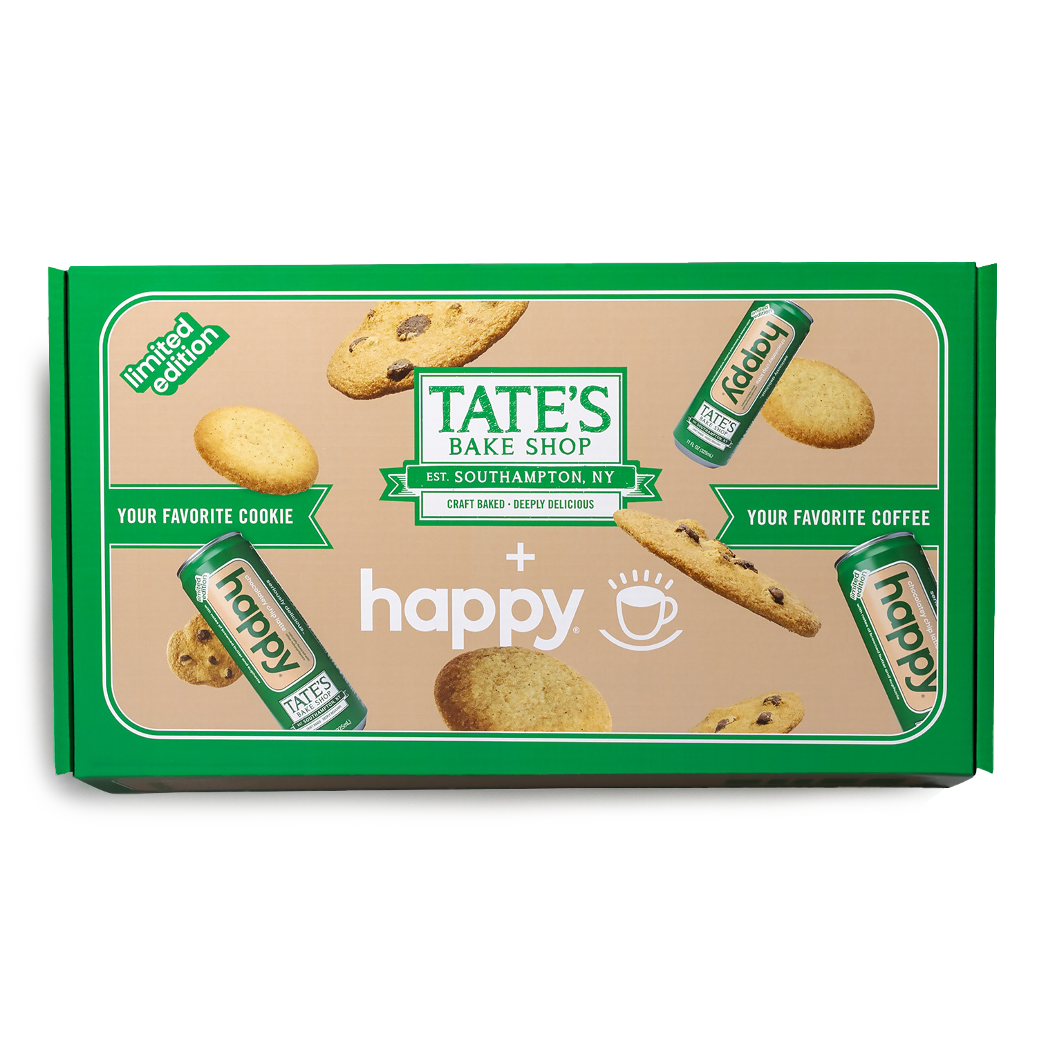 Tate's Bake Shop cookie box with happy coffee cans on a white background