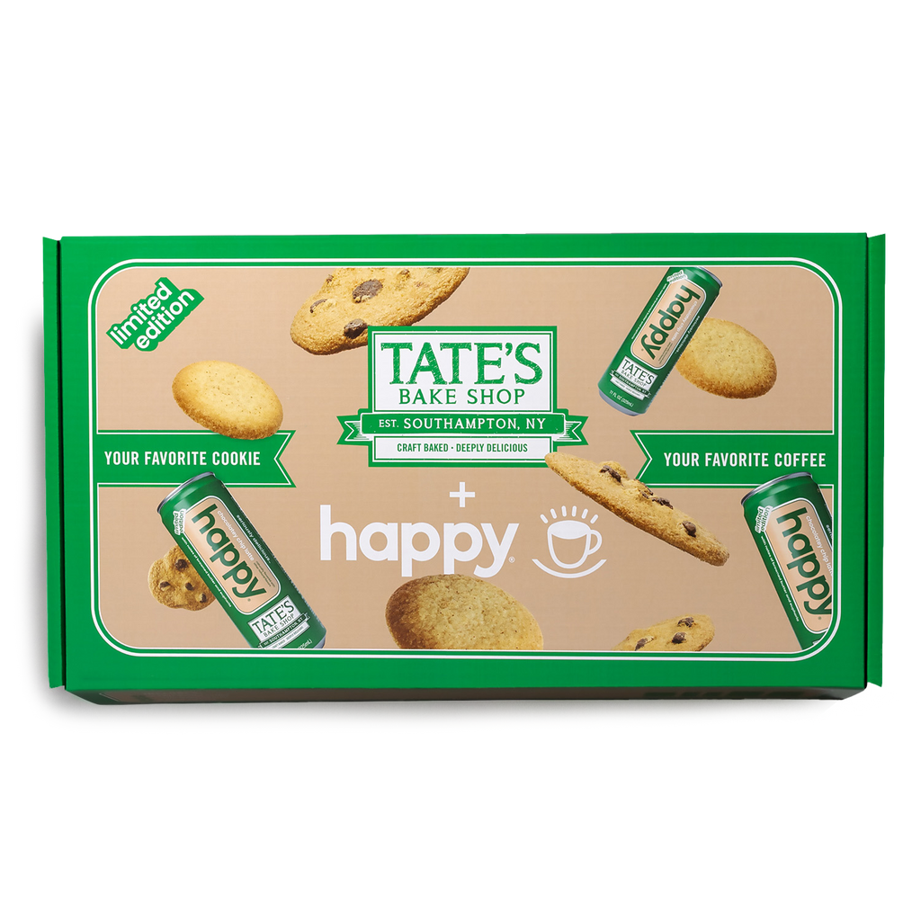 Tate's Bake Shop cookie box with happy coffee cans on a white background
