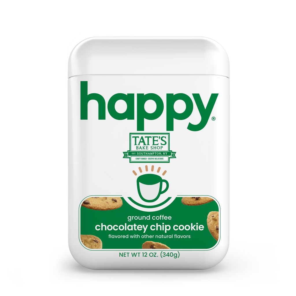 Tate's Bake Shop happy coffee container with chocolatey chip cookie flavor on a white background