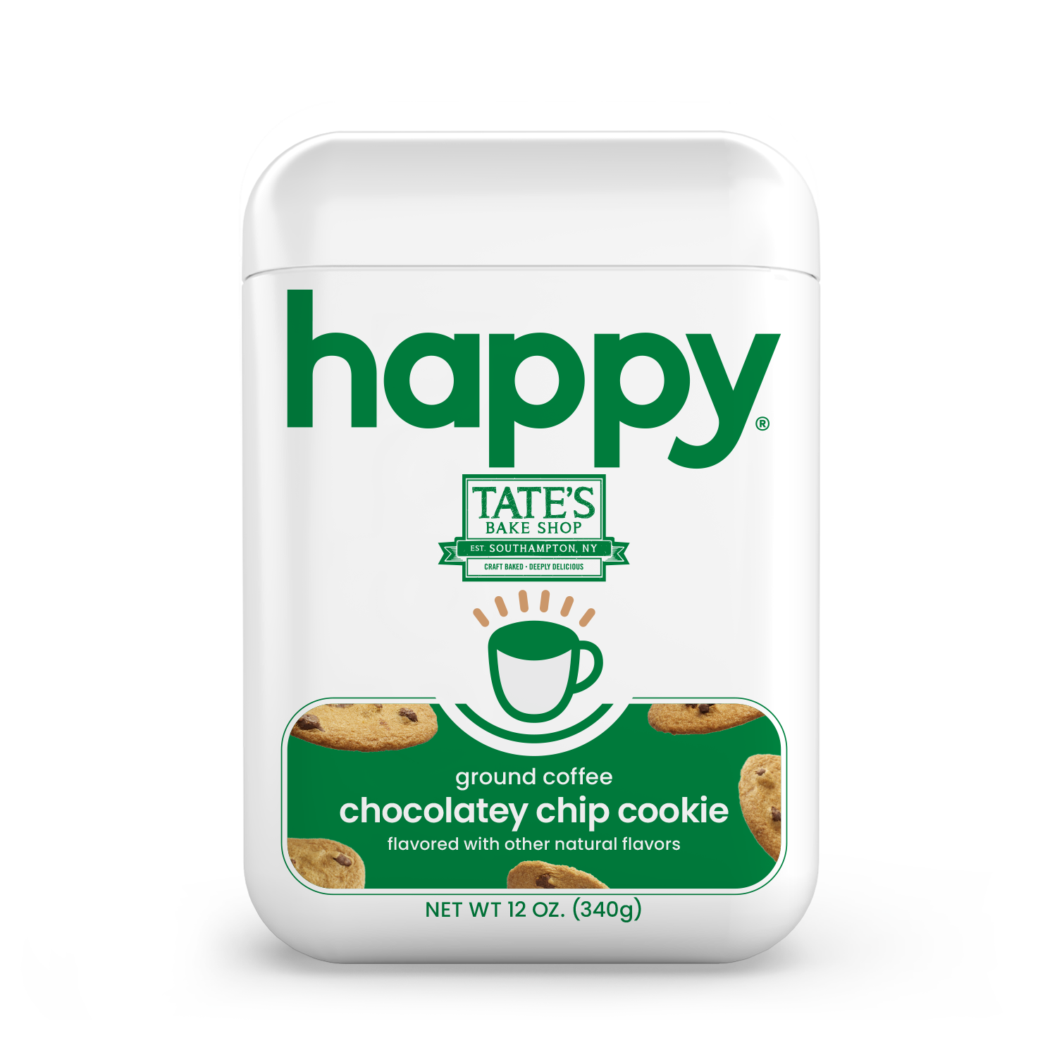 Tate's Bake Shop happy coffee container with chocolatey chip cookie flavor on a white background