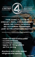 A promotional graphic for a limited edition vanilla latte featuring Marvel-themed artwork with the text 'LIMITED 4 EDITION' and descriptive copy about the coffee. The design includes a large metallic '4' emblem and product details on a dark teal and black background.