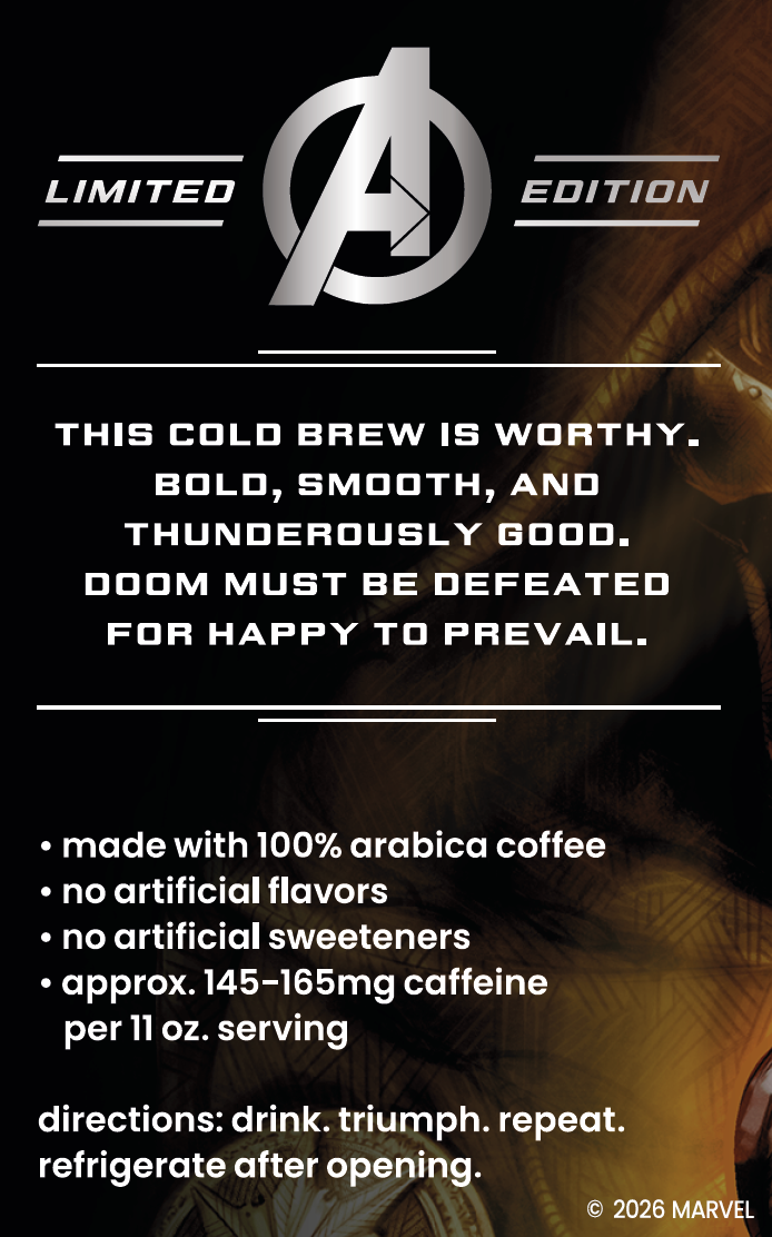A promotional graphic for an Avengers Limited Edition cold brew coffee. The design features a black background with a silver Avengers 'A' logo at the top, accompanied by a quote from Marvel's Spider-Man 2 and product details in white text.