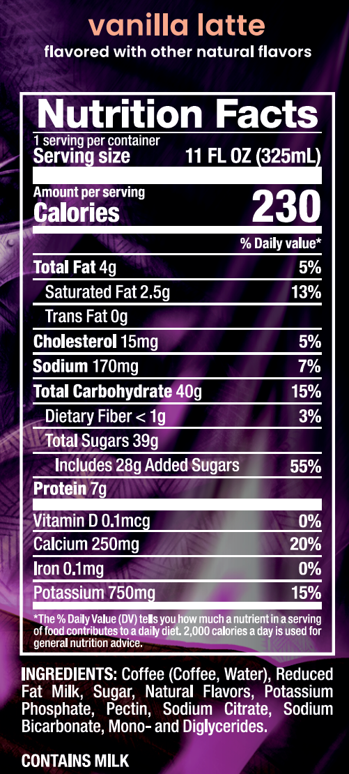 A Nutrition Facts label for a vanilla latte, shown on a purple background with the words 'vanilla latte' at the top. The label includes serving size, calories, nutrients, and ingredients, with 'CONTAINS MILK' noted at the bottom.