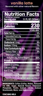 A Nutrition Facts label for a vanilla latte, shown on a purple background with the words 'vanilla latte' at the top. The label includes serving size, calories, nutrients, and ingredients, with 'CONTAINS MILK' noted at the bottom.