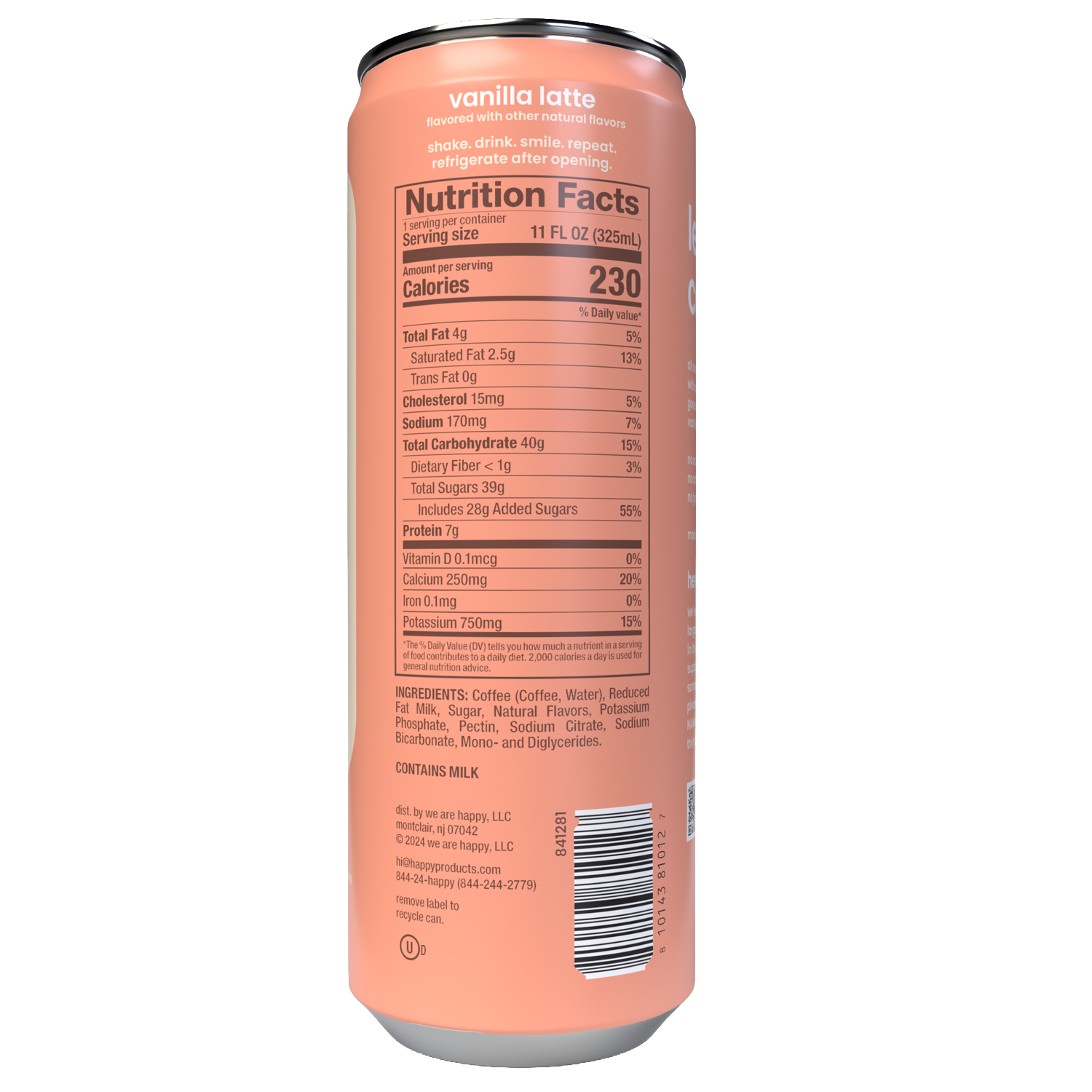 Nutrition facts label on a vanilla latte can with a white background