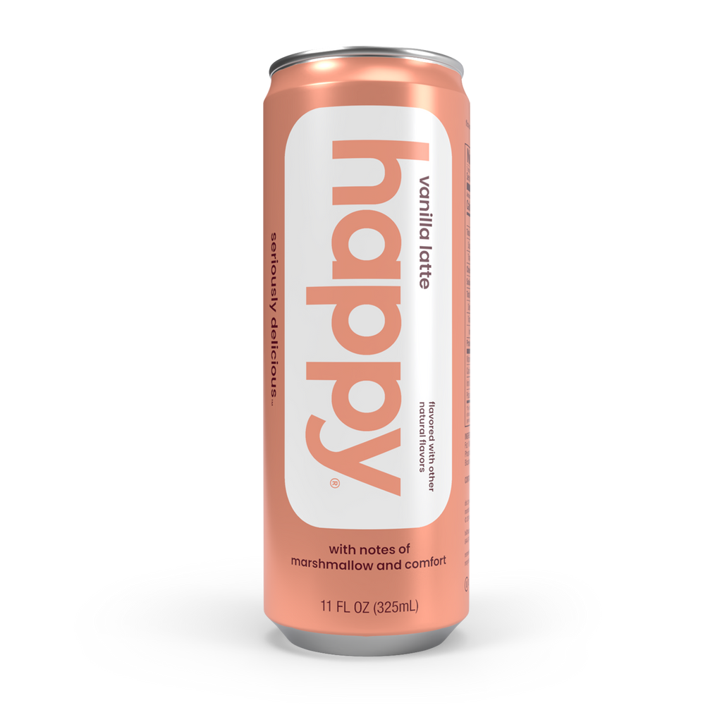 pink can of 'happy' vanilla latte on a white background