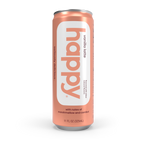 pink can of 'happy' vanilla latte on a white background