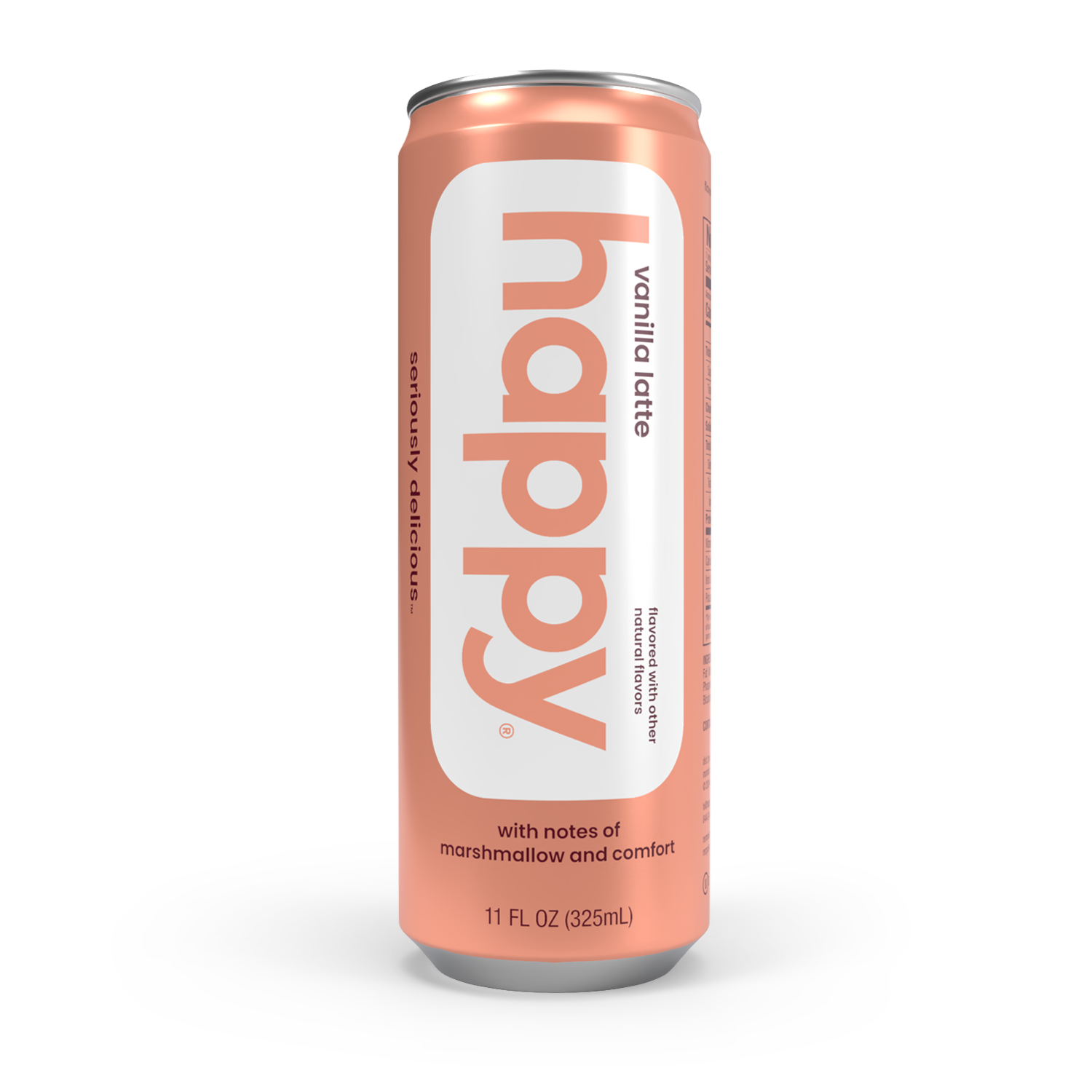 pink can of 'happy' vanilla latte on a white background
