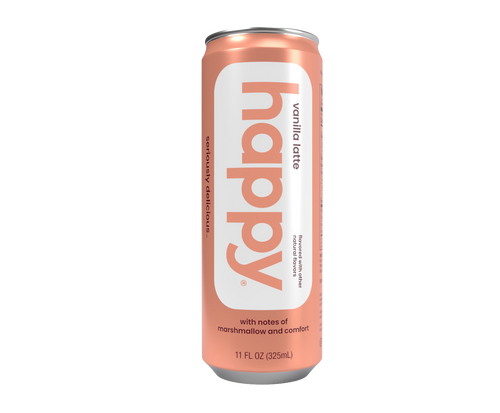 pink can of 'happy' vanilla latte on a white background