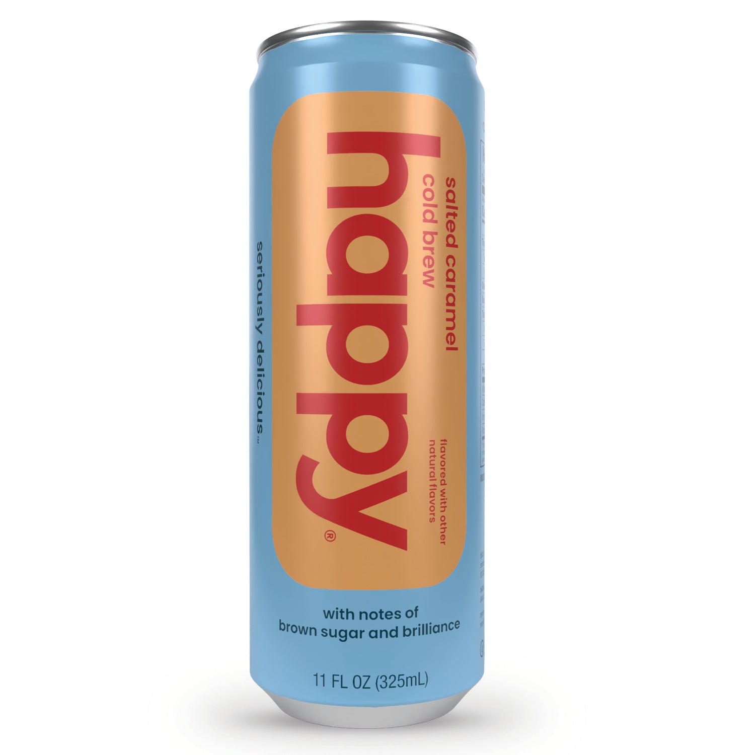 Can of 'happy' salted caramel cold brew on a white background