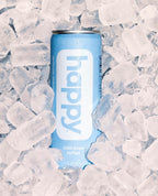 Can of 'happy' cold brew coffee surrounded by ice cubes