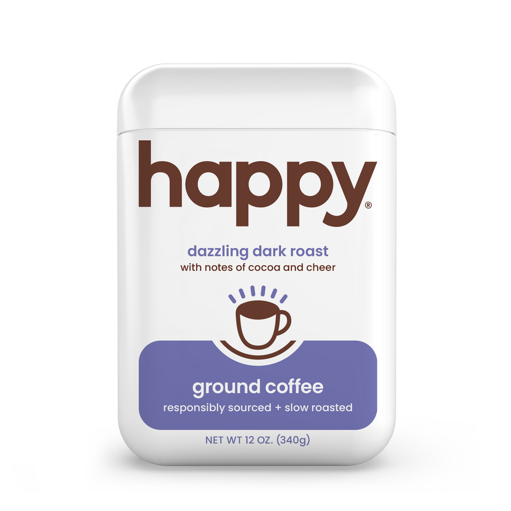 Happy Dark roast ground coffee package on a white background