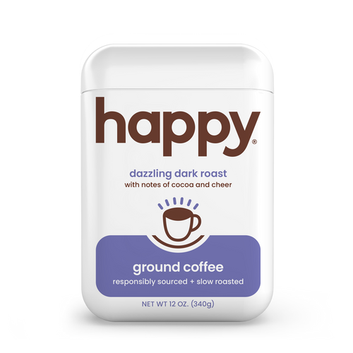 Happy Dark roast ground coffee package on a white background