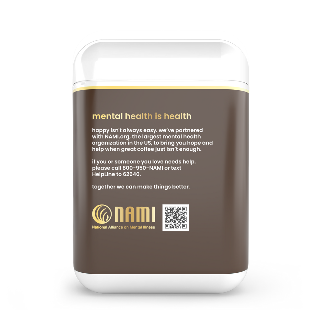 happy coffee packaging with NAMI mental health awareness message on a white background