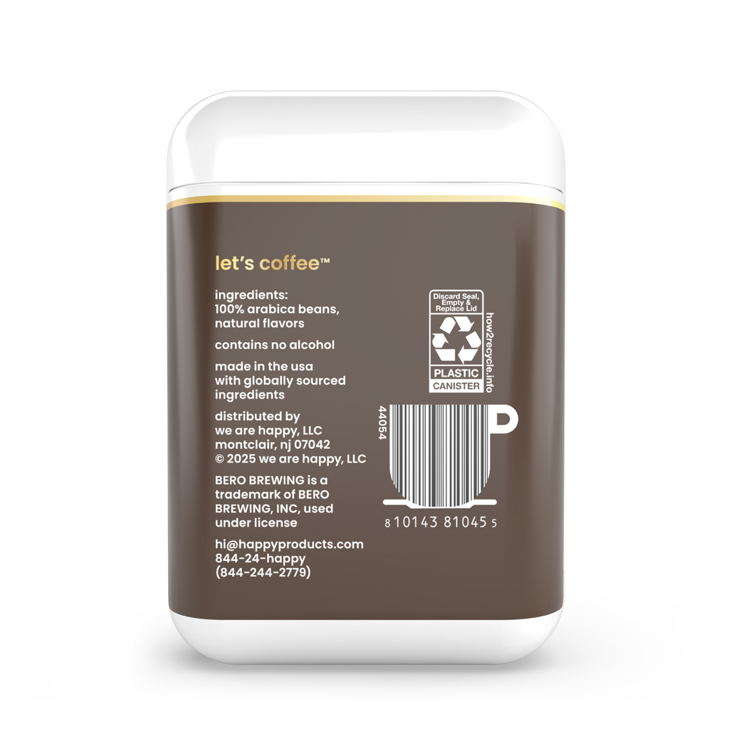 Back view of a let's coffee container with branding and ingredient details.
