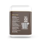 Back view of a let's coffee container with branding and ingredient details.