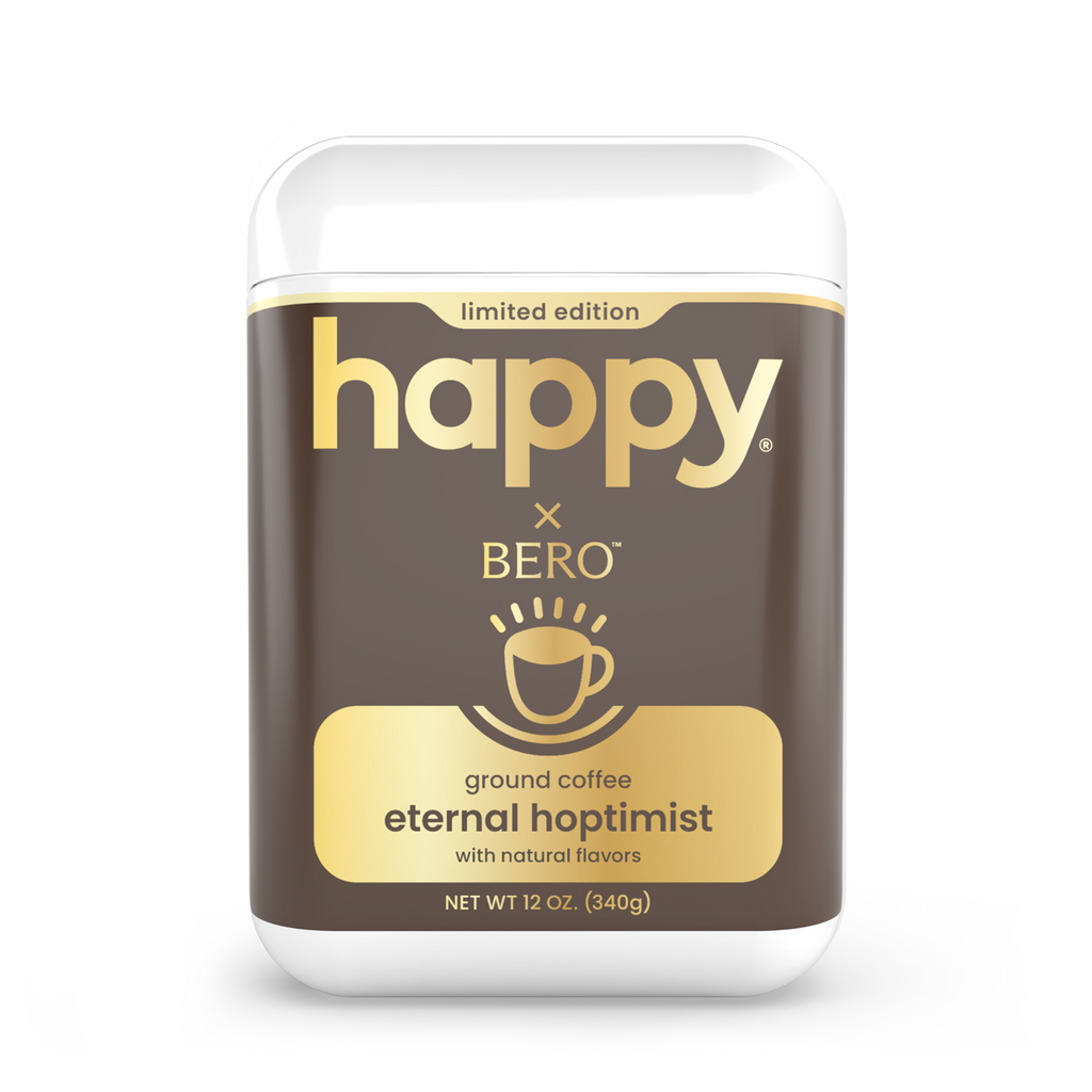 Happy x Bero eternal hoptimist ground coffee package on a white background