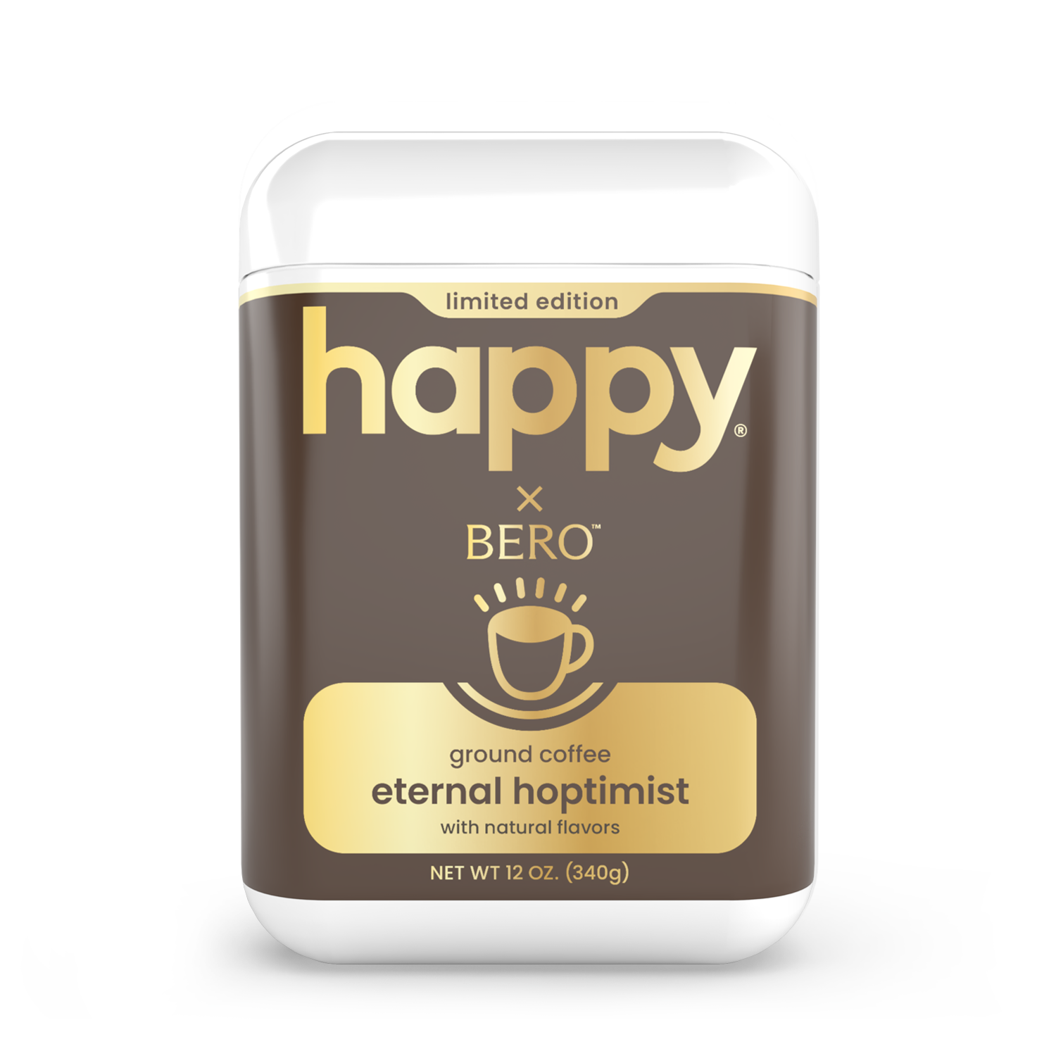 Happy x Bero eternal hoptimist ground coffee package on a white background