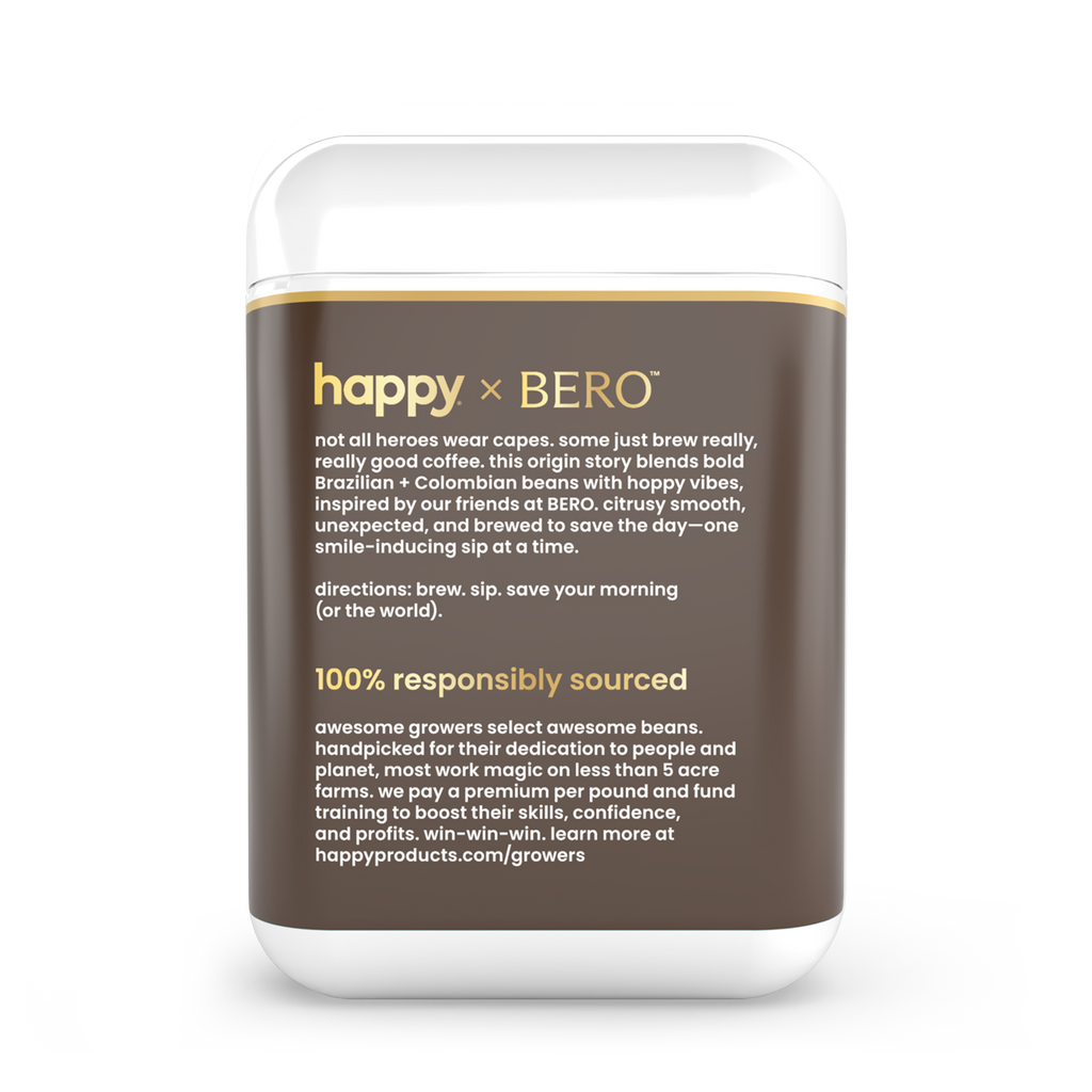 Container with 'happy x BERO' coffee and text on a white background