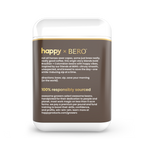 Container with 'happy x BERO' coffee and text on a white background