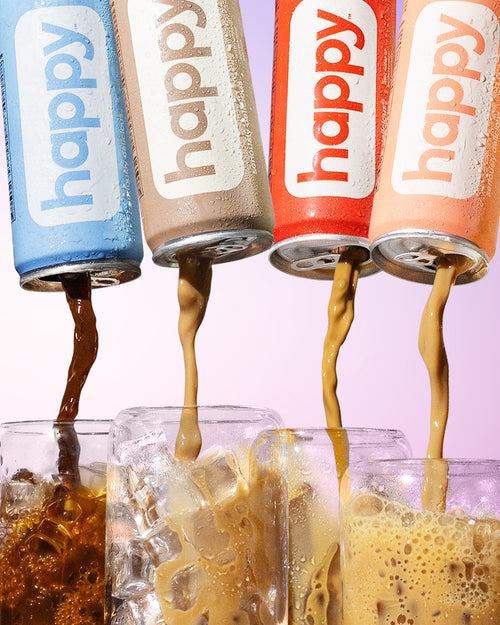 Cans of Happy Cold Brew, Happy Mocha Latte, Happy Vanilla Latte, and Happy Caramel Latte being poured into clear glasses that re full of ice.