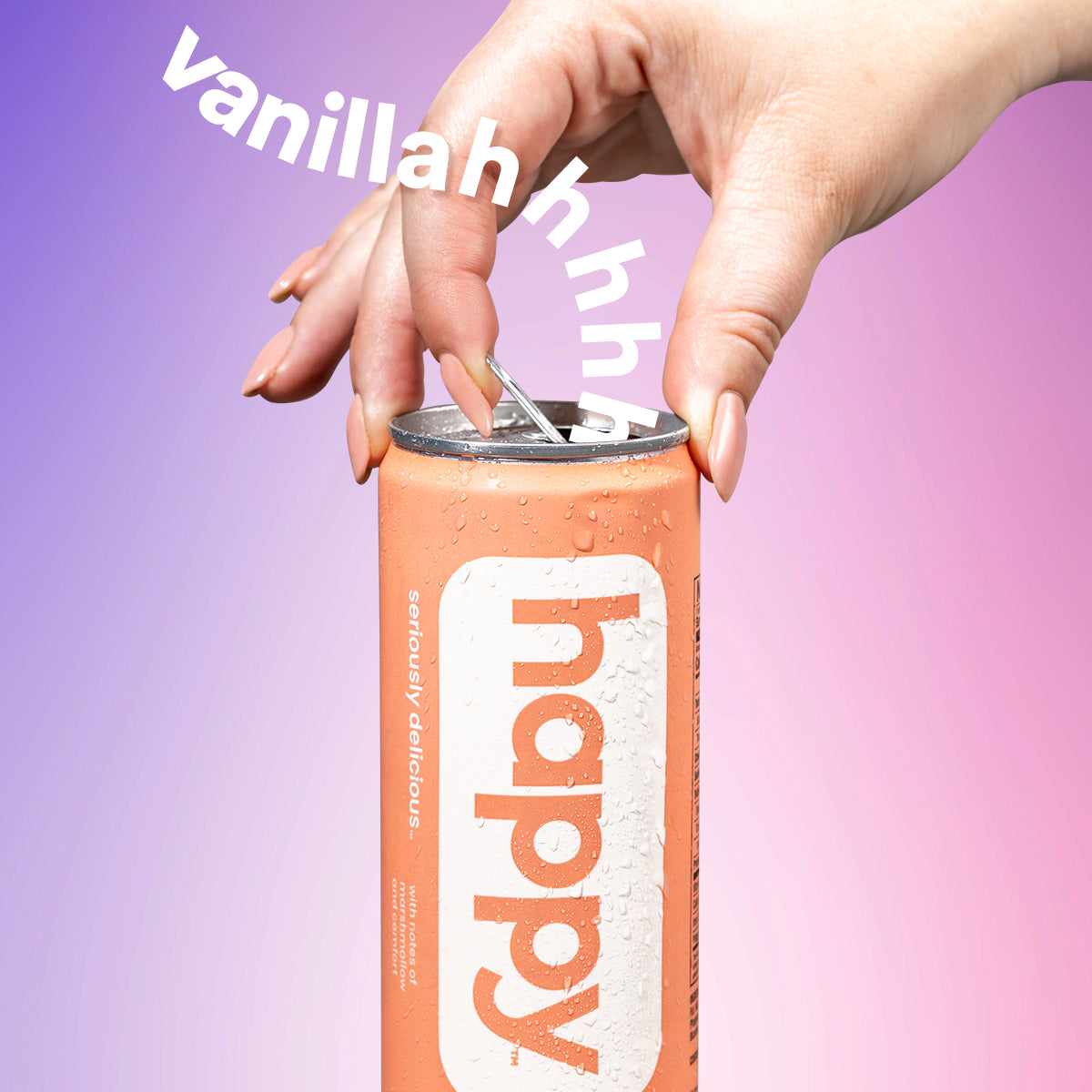 Hand holding a can of 'happy' vanilla latte against a gradient purple and pink background