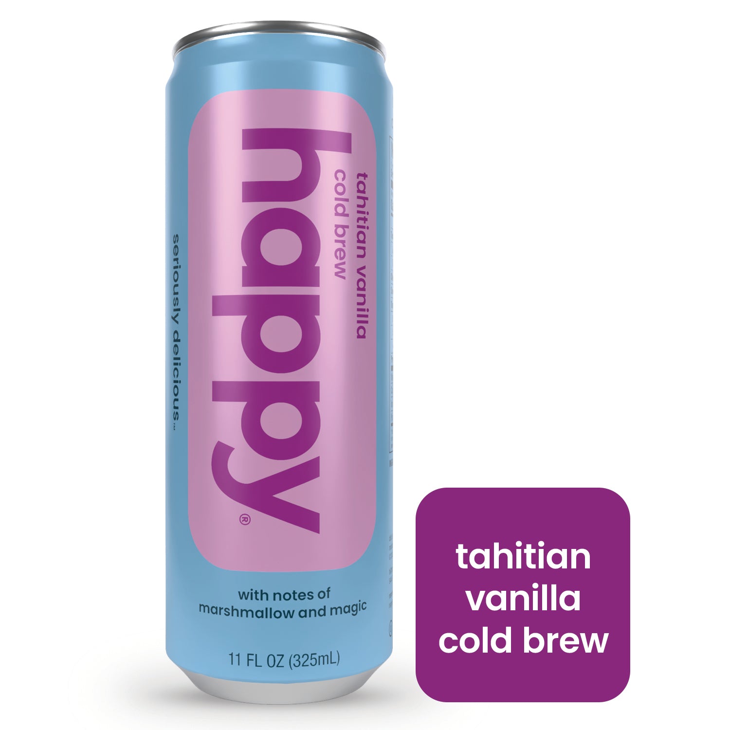 A can of tahitian vanilla cold brew coffee with branding and flavor notes visible.