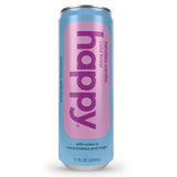 Can of 'happy' drink with purple label on a white background
