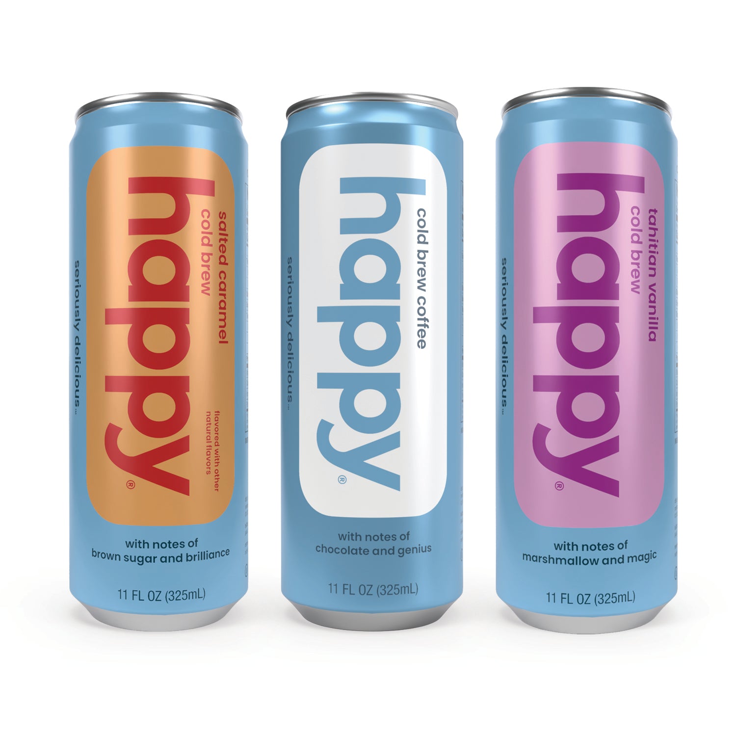 Three cans of 'happy' cold brew coffee in different colors on a white background