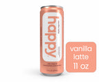 A can of Happy brand vanilla latte with the text 'vanilla latte 11 oz' prominently displayed.