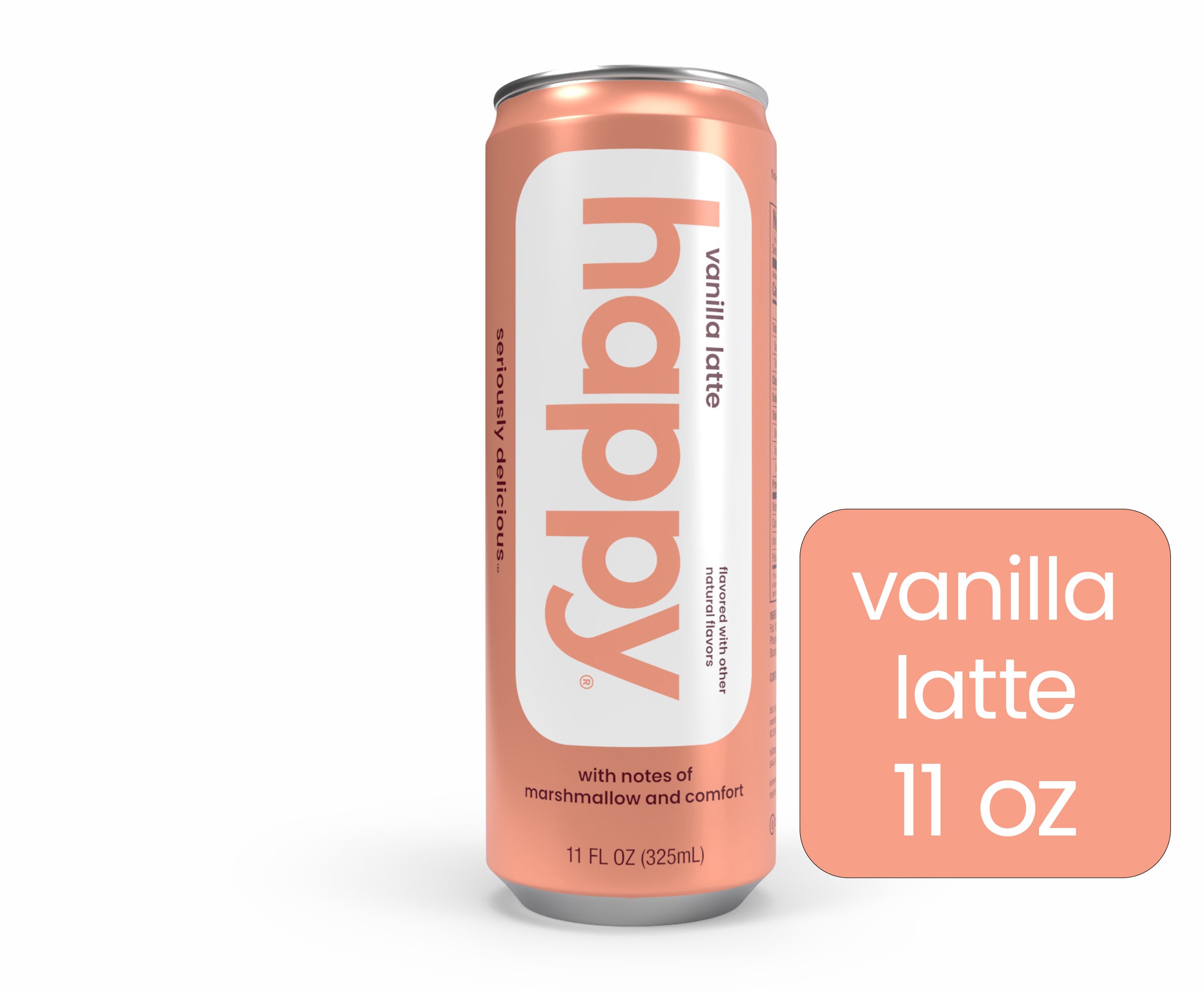 A can of Happy brand vanilla latte with the text 'vanilla latte 11 oz' prominently displayed.